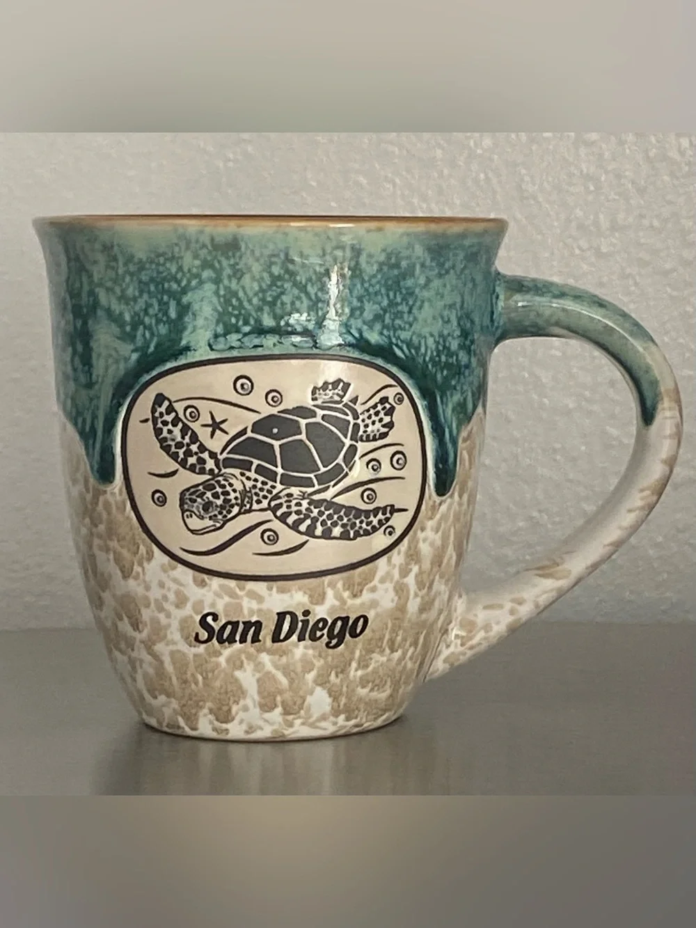 NEW SAN DIEGO SEA TURTLE CERAMIC MUG IN TEAL AND SAND